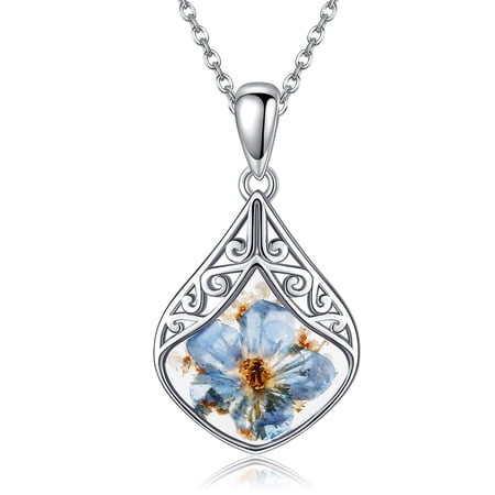 XATENJE Forget Me Not Flower Necklace Sterling Silver Blue Pressed Flower Pendant Necklace Filigree Jewelry for Women Her