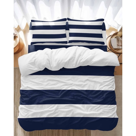 Blue White Stripes Bedding Duvet Cover Set King Size 4 Pieces Sea Blue Striped Modern Style Bedding Set with Zipper Closure, 1 Comforter Cover 92x106 Inches 1 Flat Sheet & 2 Pillow Cases