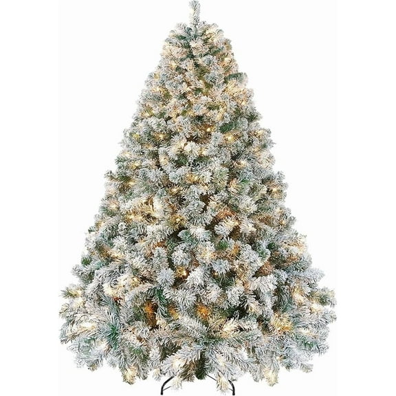 Snow Flocked Pre-lit Christmas Tree with  Lights,  Branch Tips & Quick-Assembly Hinged Design, Full Artificial Xmas Tree for Winter Holiday Décor,