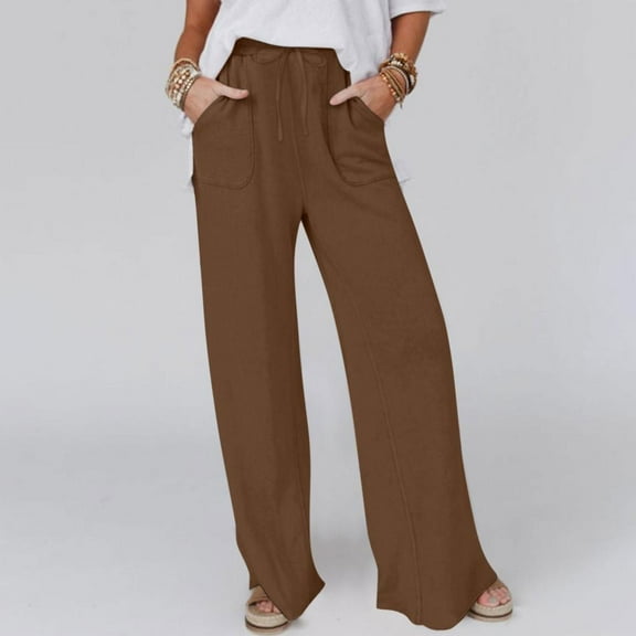 Patlollav Womens Casual Solid Color Elastic Loose Pants Straight Wide Leg Trousers Pants with Pocket