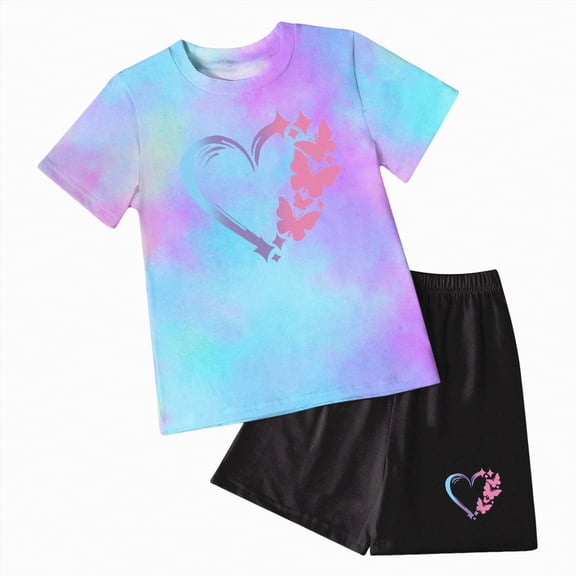 mgoYE Girl Outfits Size 10-12 Tween Girl Clothes 2 Piece Short Sleeve Tie Dye Heart Print Top and Shorts Teen Girl Summer Outfits Short Set(Blue,11-12 Years)
