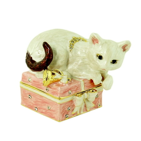 - White Cat on Gift Box Trinket Box