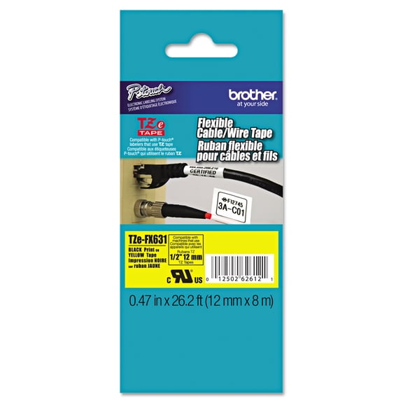 Brother P-Touch TZe Flexible Tape Cartridge for P-Touch Labelers 1/2" x 26-1/5ft Black on Yellow - TZEFX631