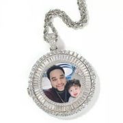 GKNET Customize Round Memorial Photo Pendant Necklace with Full White Cubic Zirconia-Silver
