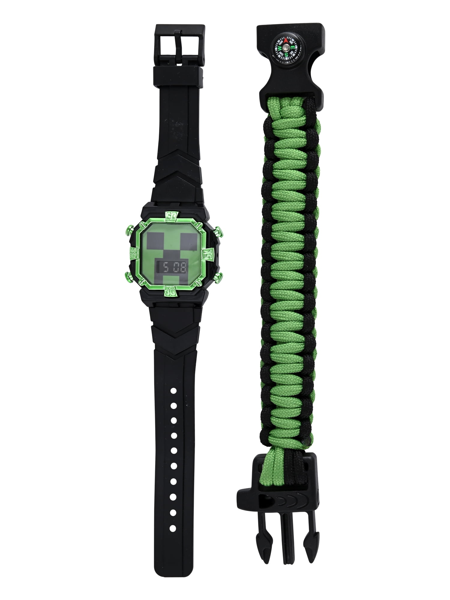Minecraft Boys Black Silicone Strap Watch With Green Metallic Bezel and Matching Survival Bracelet; MIN40139WM