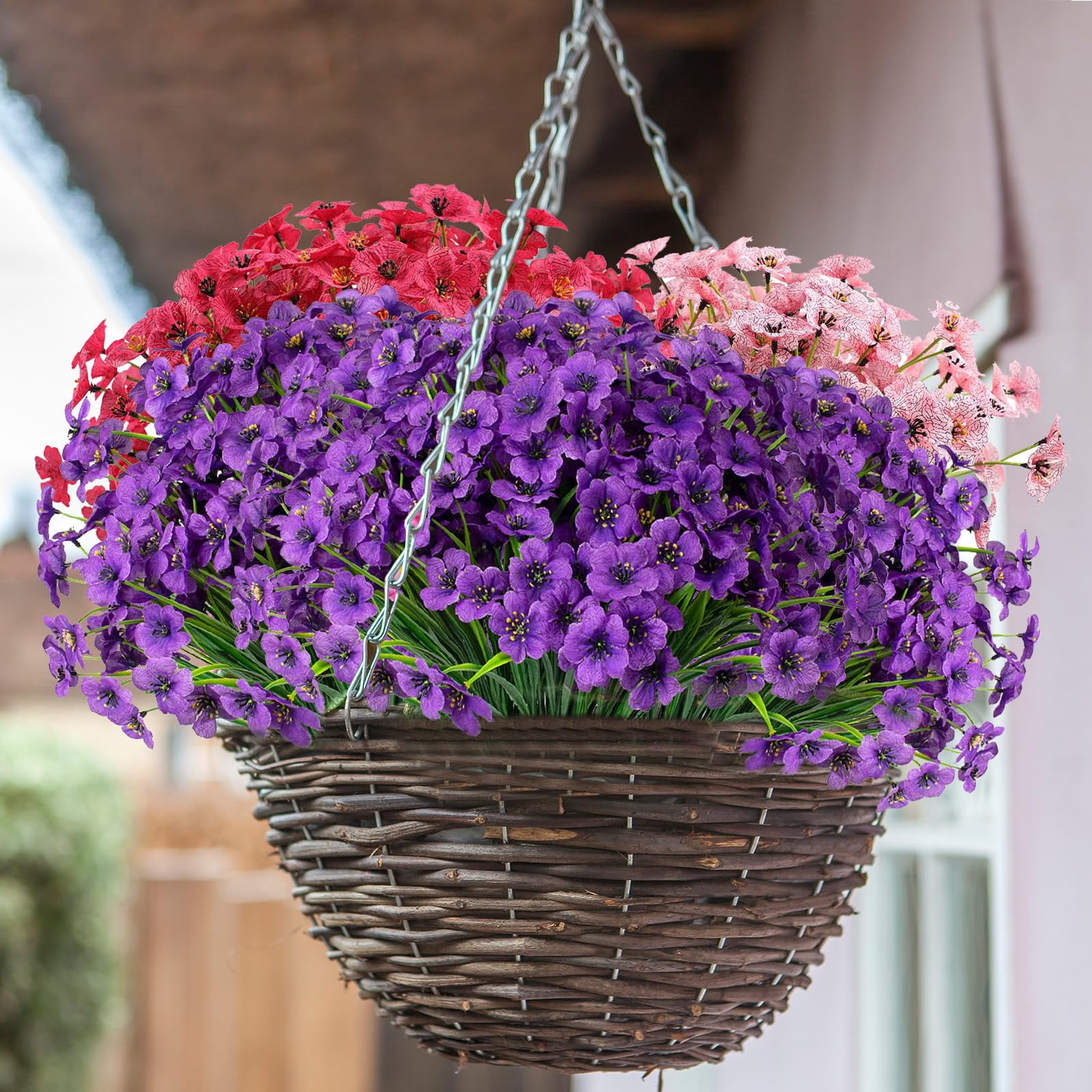 24 Bundles Artificial Silk Violet Flowers Realistic UV Resistant Outdoor Fake Plants for Indoor/Outside, Front Porch, Garden, Hanging Planter, Window Box Decoration (Dark Purple)