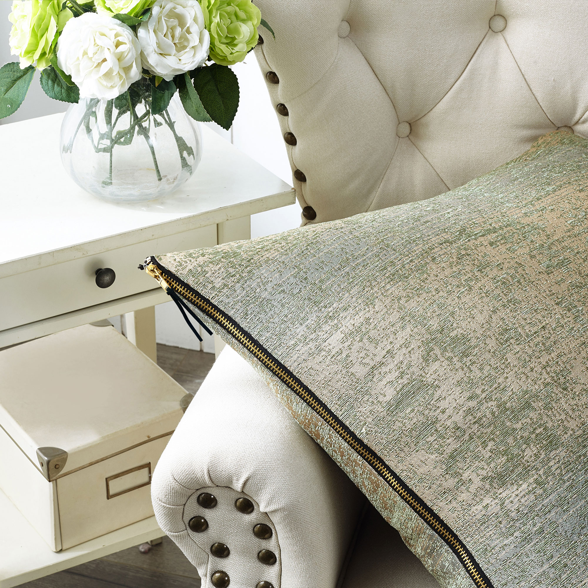 Home Soft Things Jacquard Chenille Big Zipper Throw Pillow Cover 2 Piece Set - Taupe/Sage - 26" x 26"