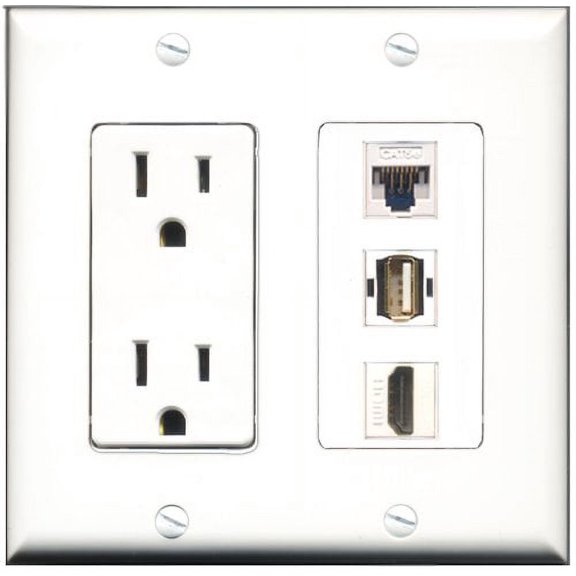 RiteAV - 15 Amp Power Outlet 1 Port HDMI 1 Port USB A-A 1 Port Cat5e Ethernet White Decorative Wall Plate