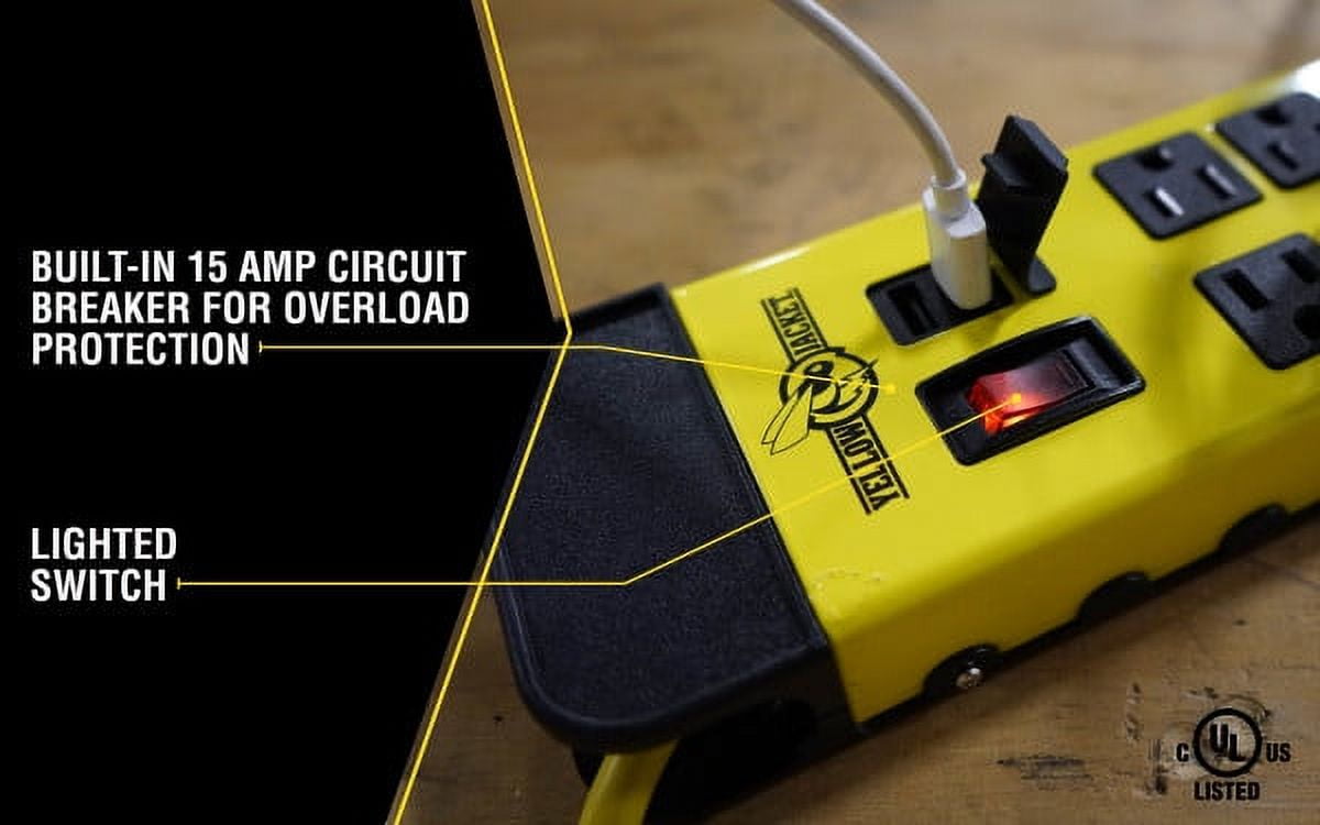 Yellow Jacket 5148 Yellow 8-Outlet Metal Power Block with 2.4A USB Ports and Debris Covers