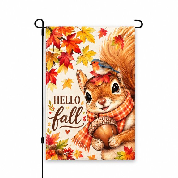 Hello Fall Garden Flag 12x18 Inch - Autumn Squirrel, Bird & Leaves Design - Outdoor Decor for Yard, Lawn, Porch, Patio - Seasonal Welcome Decoration