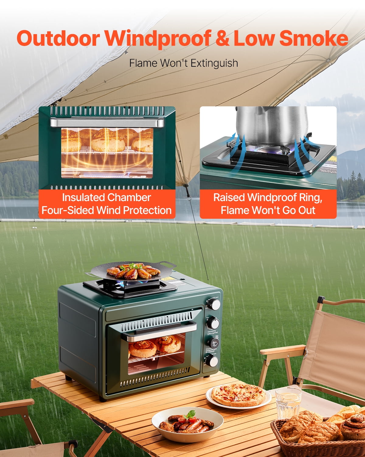 VEVOR Outdoor Oven, 2-in-1 Portable Gas Camping Stove Oven Combo, Adjustable Fire, 60-Minute Timer, Windproof, with Grill Shelf and Roasting Tray, for Camping Gear Backyard Picnic Outdoor Cooking