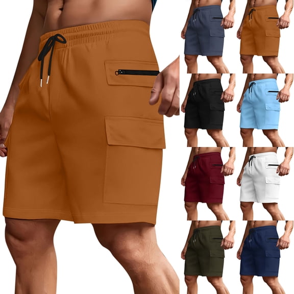 DIOAZUD Men's Big and Tall Cargo Shorts with Zipper Pockets Drawstring Elastic Waist Short Pants Outdoor Athletic Workout Cargo Short