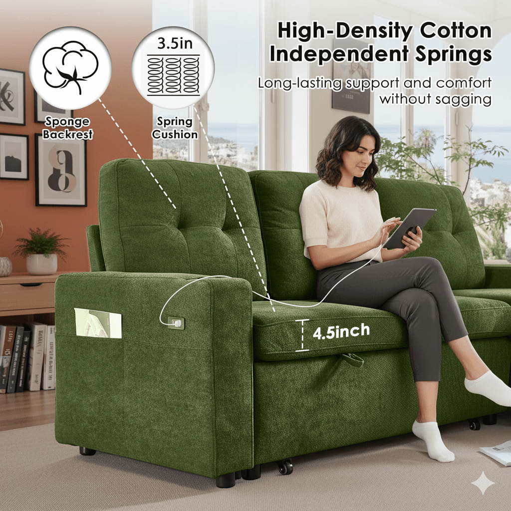 Convertible Sectional Sofa Bed, 82in Sleeper Sofa Bed with Storage Chaise for Living Room, Pull Out Couch L Shaped Couch with USB Charging Port, Cup Holder, Removable Backrest, Teddy Fabric, Green