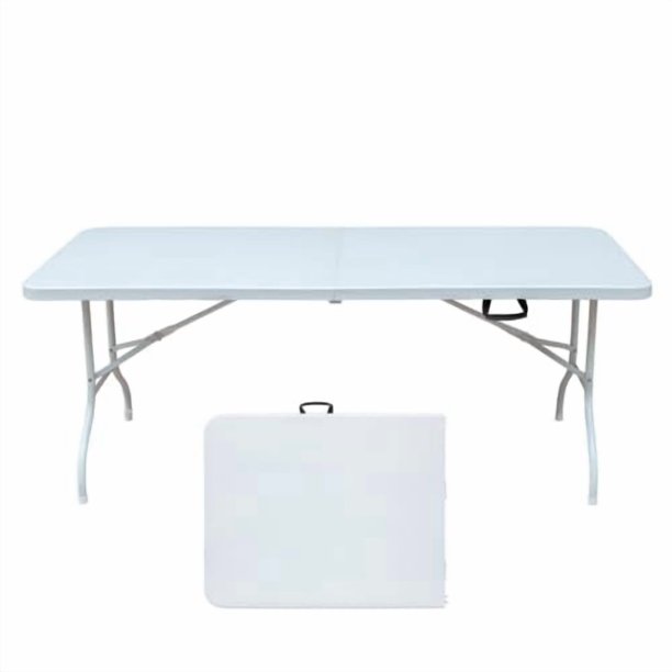 QinaQin Mesa plegable portátil de 6 pies de plástico resistente, diseño abatible a la mitad con altura ajustable y asa, ideal para camping, fiestas y uso interior o exterior