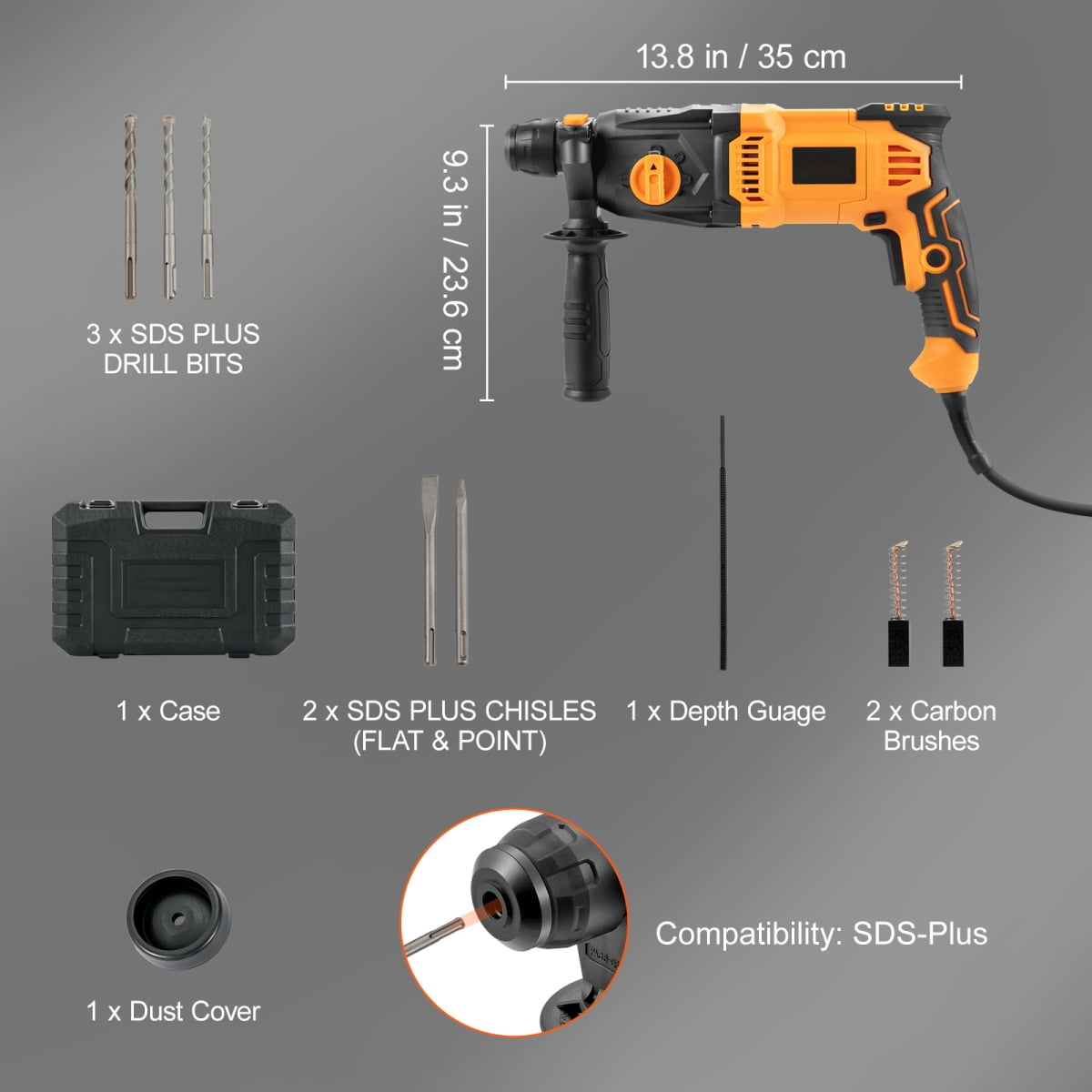 1" SDS-Plus Corded Rotary Hammer Drill, 4 Modes, Yellow, 8Amp YXY