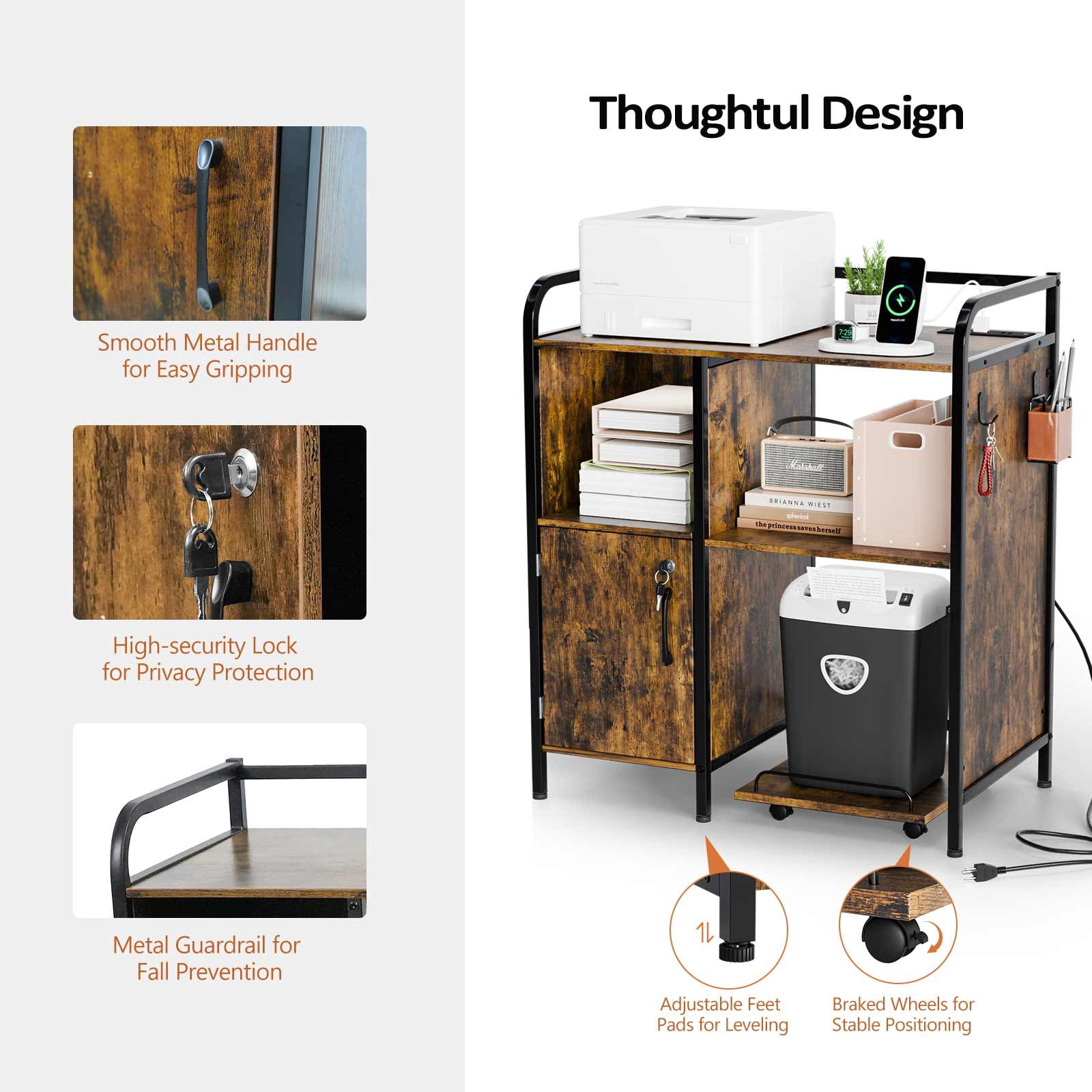 3-Tier Printer Stand with Cabinet and Iron Frame for Home Office