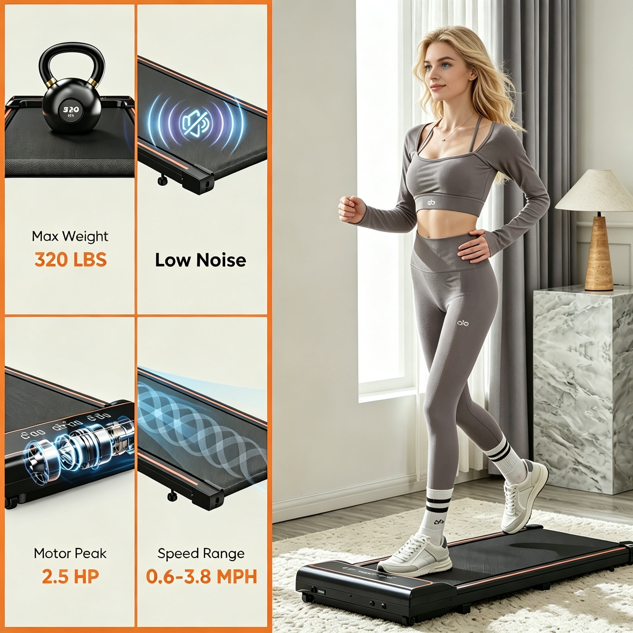 Compact Portable Under-Desk Walking Treadmill with Quiet Operation and Adjustable Speeds