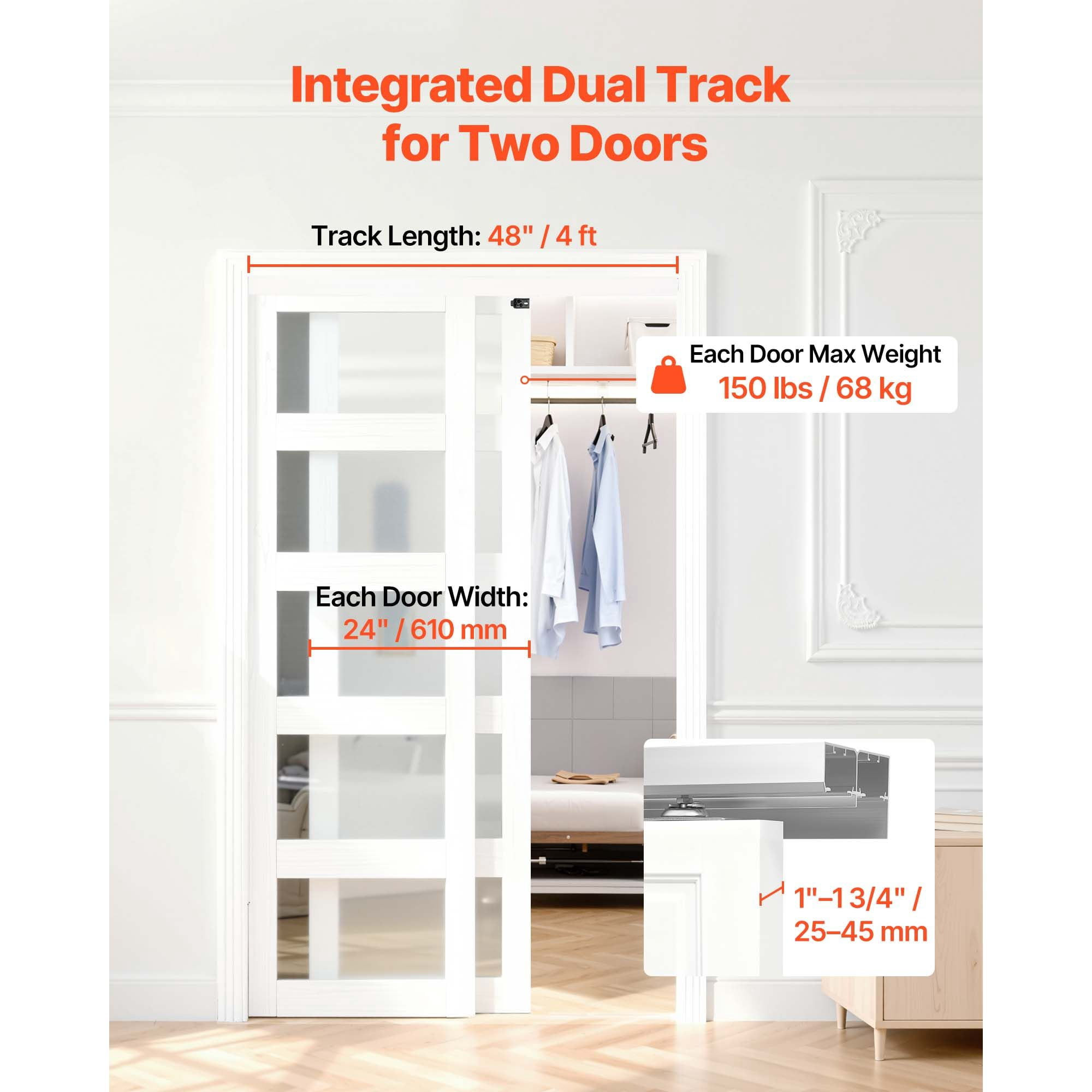 Bypass Sliding Door Hardware Kit 4ft Track, 150 lbs Capacity, 3-Wheel Hangers, Aluminum Alloy, for Closet Doors Storage