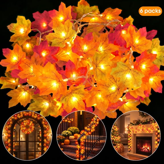 Scidweet 6 Pack Fall Maple Leaf Garland, 60FT 120 LED Artificial Autumn Garland String Lights Indoor Outdoor Fall Decorations for Home Thanksgiving Patio Party Decor, Multicolor