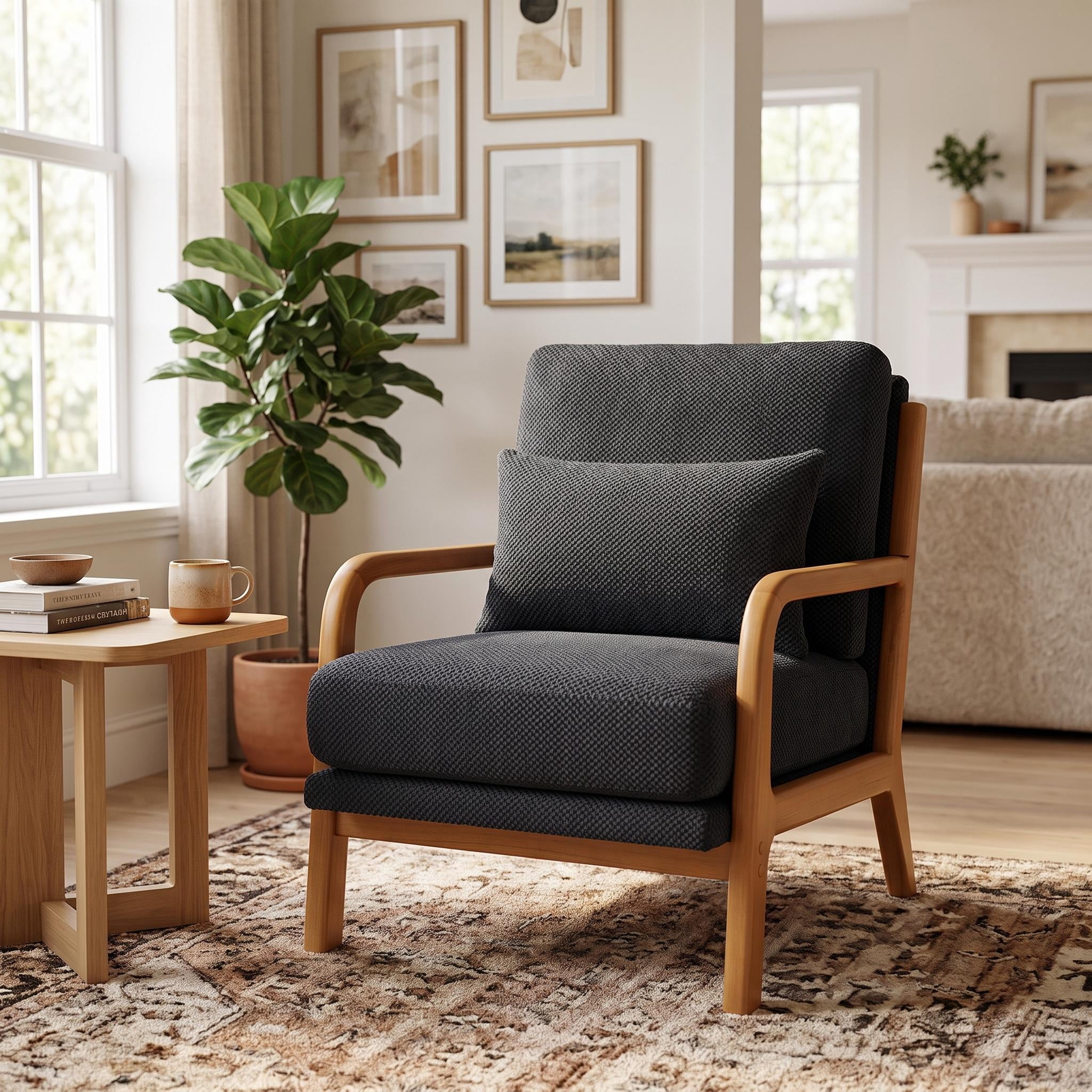 Homy Casa Modern Accent Armchair, Textured Fabric Lounge Chair with Wood Frame and Pillow, Black