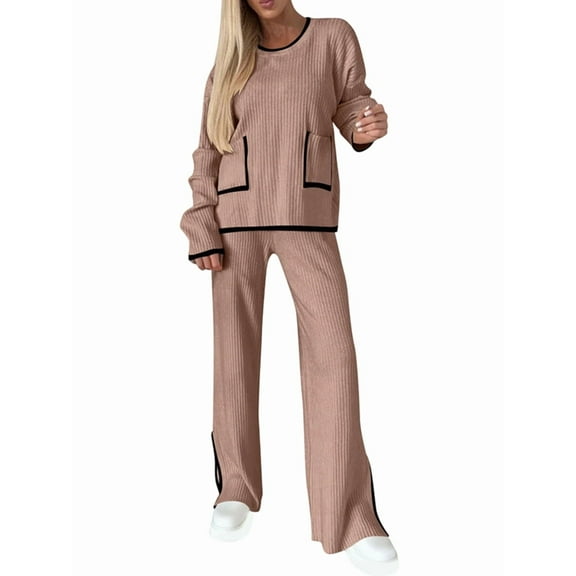 Women'S 2 Pcs Set Casual Long Sleeve Knit Pullover Top and Wide Leg Pants Sweatsuit Lounge Sets Caramel Color XL