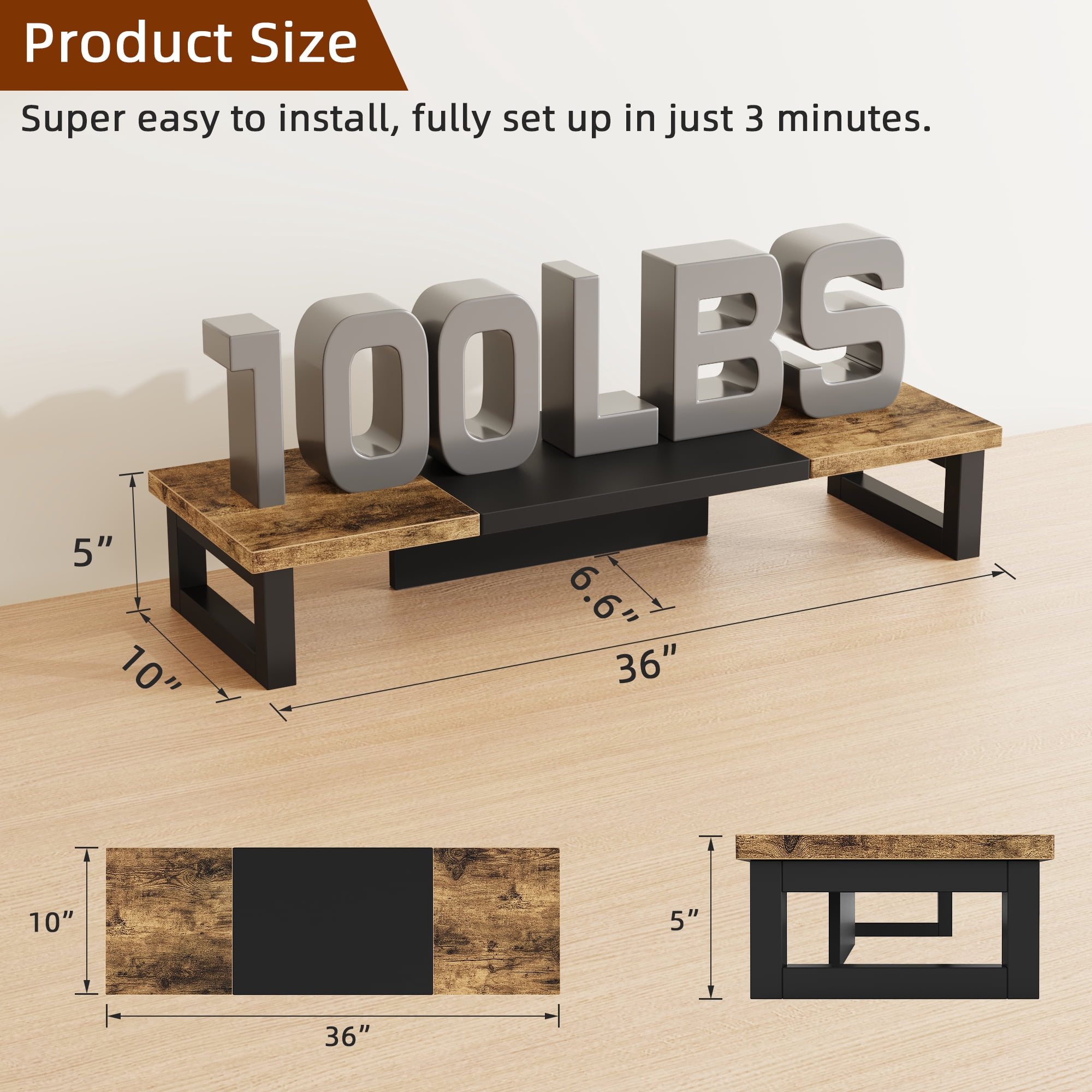 HIGDBFE Dual Monitor Stand Riser, 36 inch Computer Monitor Stand, Ergonomic Desktop Riser for PC, Laptop, Printer, Rustic Brown