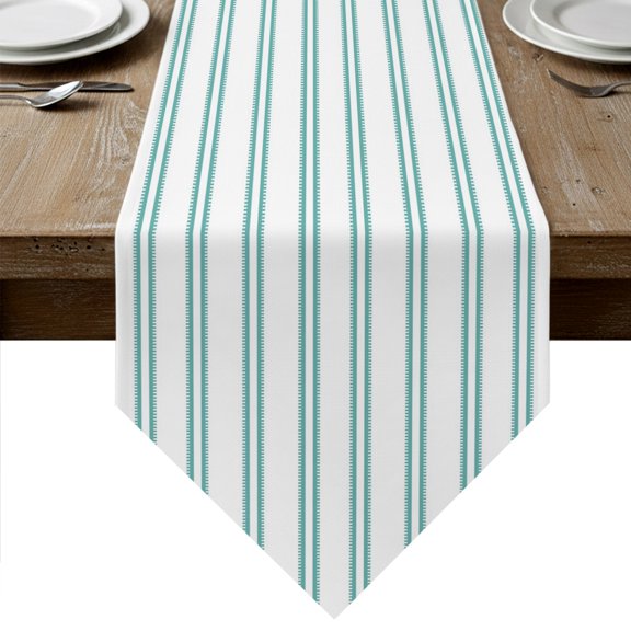 Teal Green Lines Table Runner Linen Burlap Table Runner 72 Inches Long Modern Vertical Striped Vintage Minimalist Dresser Scarves for Kitchen Island Coffee Dining Room Party Holiday 16"x72"