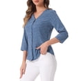 thumbnail image 4 of Blusa de mujer Inspire Chic con cuello en V, mangas 3/4, estampado de lunares y corazones, parte delantera con botones, azul denim M, 4 of 6