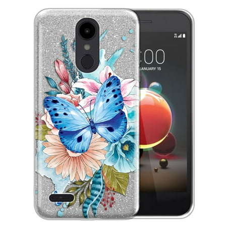 FINCIBO Silver Gradient Glitter Case, Sparkle Bling TPU Cover for LG Aristo 2 X210 K8, Watercolor Blue Butterfly