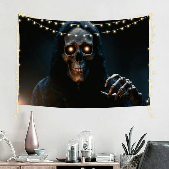 FCXZI Halloween Grim Reaper Backdrop Scary Skeleton with Glowing Eyes for Haunted House Decorations Horror Party Supplies Indoor Outdoor Halloween Wall Scene 60*40in