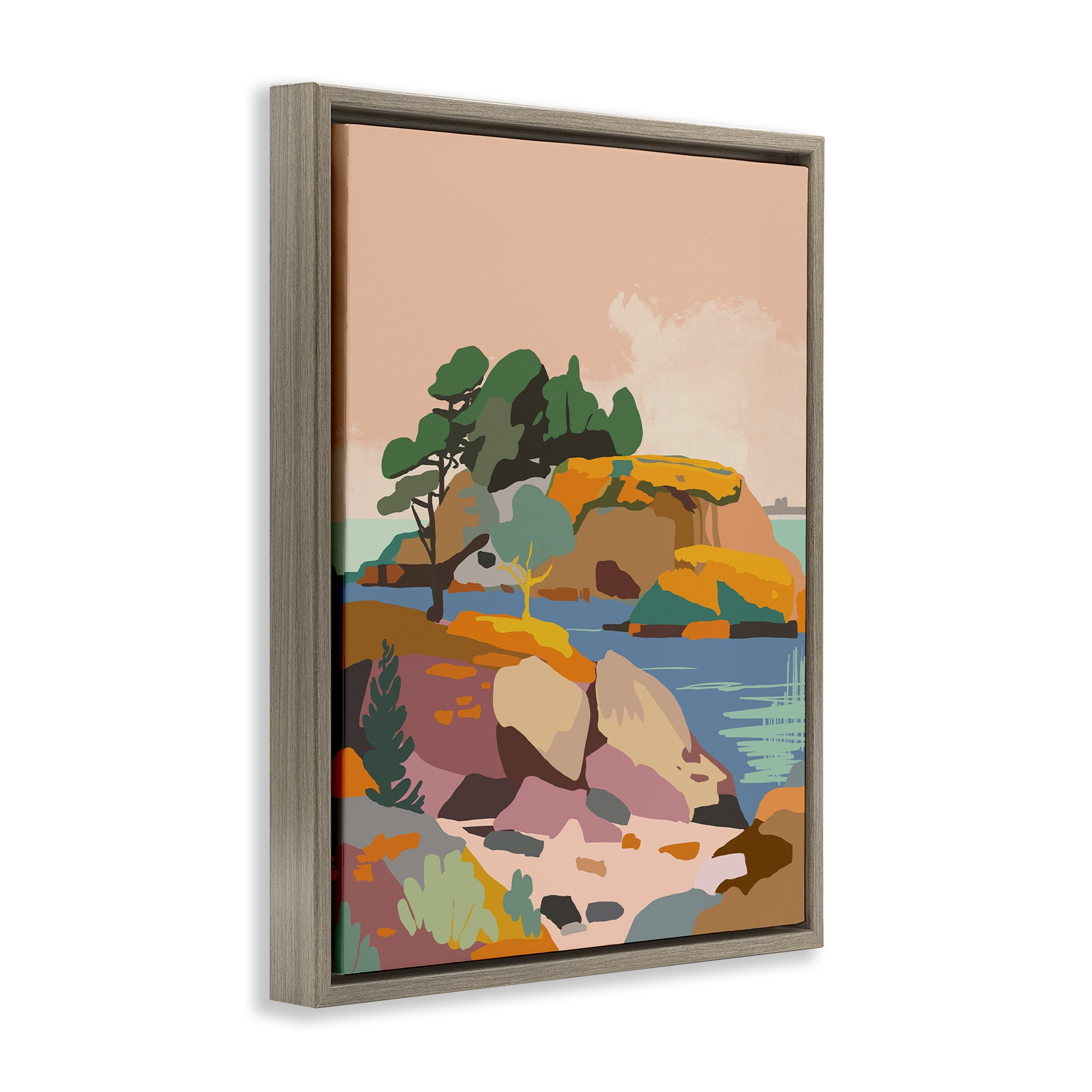 Stupell Industries Abstract Lake & Cliffs Landscape Painting Brown Floater Framed Art Print Wall Art, 25 x 31