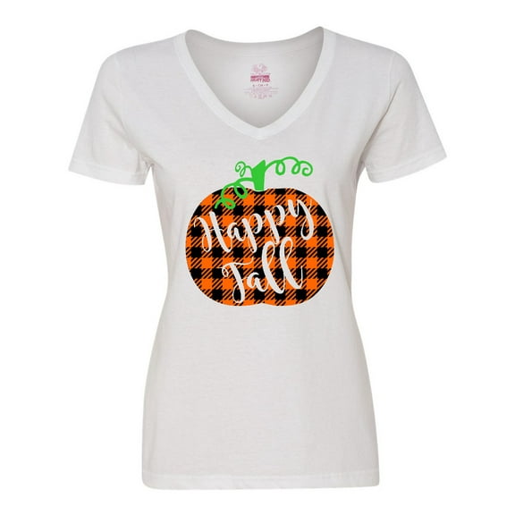 Inktastic Happy Fall Plaid Pumpkin Women's V-Neck T-Shirt