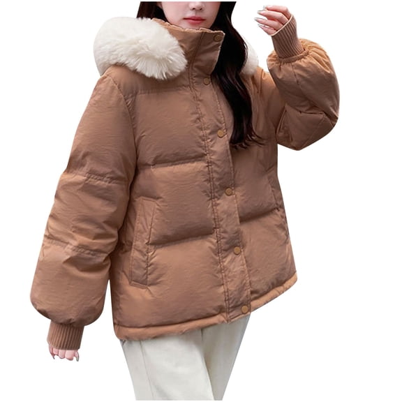 Fanxing Womens Lightweight Puffer Jacket, Winter Coats for Women Warm Quilted Bubble Padded Hood Coat with Faux Fur Collar Overcoats