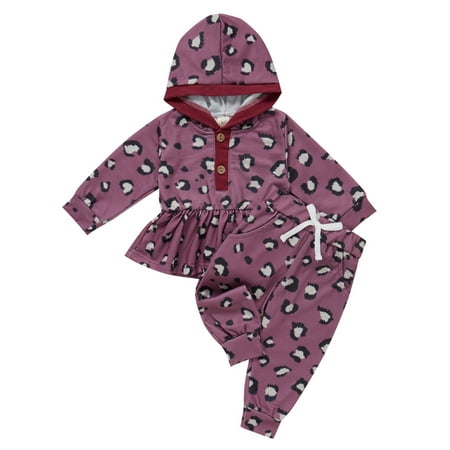 

URMAGIC Infant Baby Girls Toddler Kids Leopard Floral Hoodie Button Tunic Tops Pocket Pants Fall Outfit Set