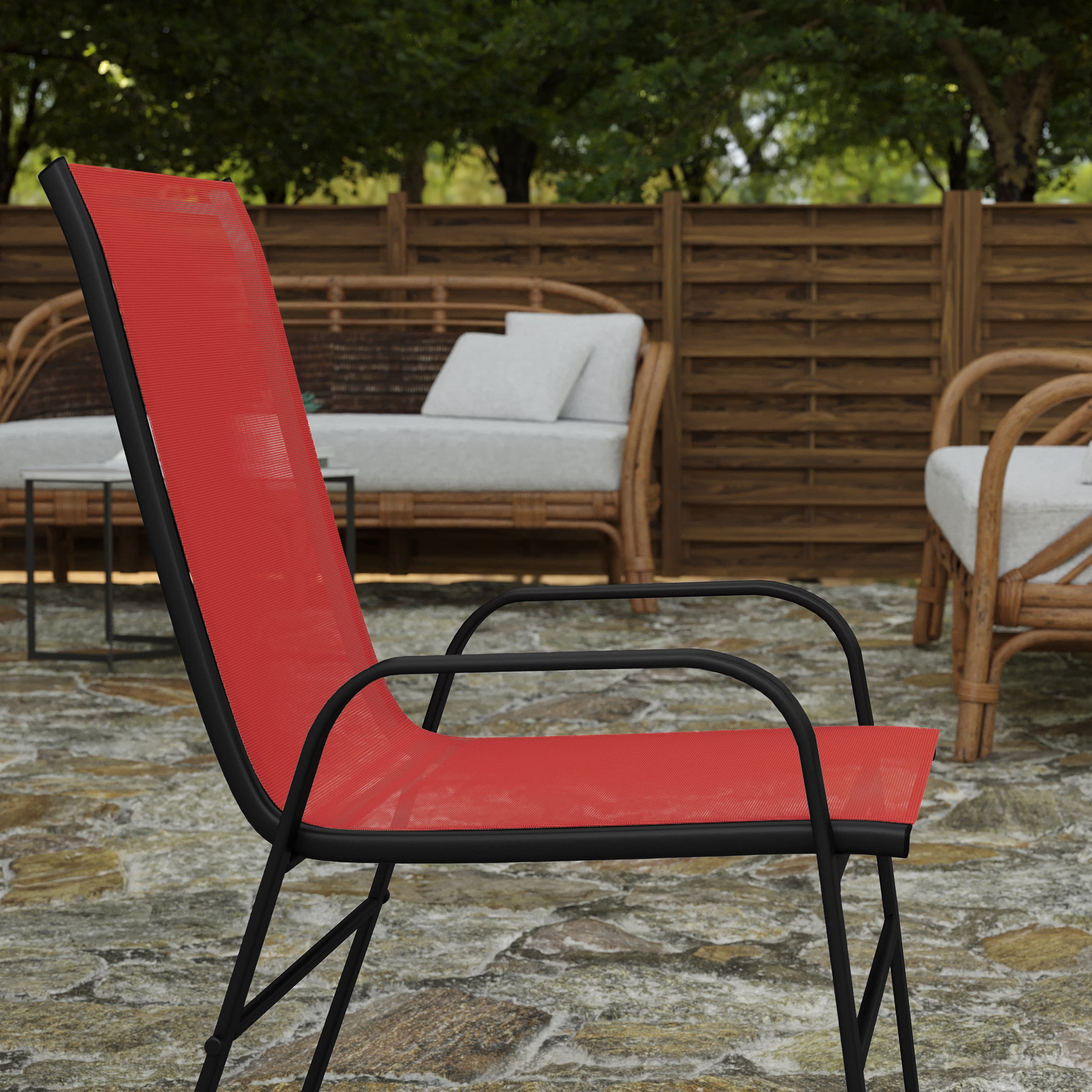 Merrick Lane Set of 4 Series Metal Stacking Patio Chairs with Red Flex Comfort Material