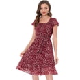 thumbnail image 1 of Vestido Dobladillo Con Volantes Aleteo Mangas Cuello Cuadrado Con Cinturón Para Mujeres Allegra K Vino Rojo M, 1 of 5