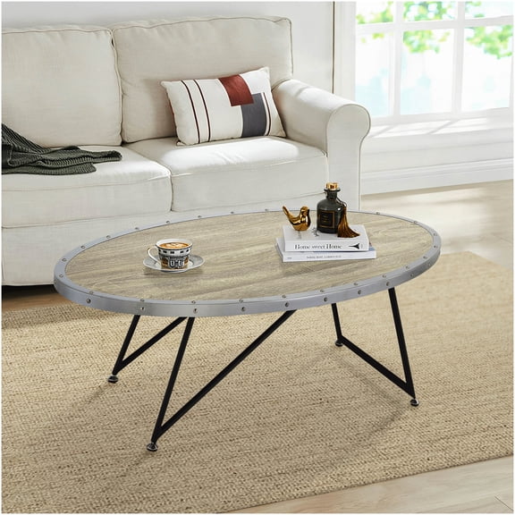 Industrial Weathered Grey Oak Oval Coffee Table with Black Metal Legs for Living Room