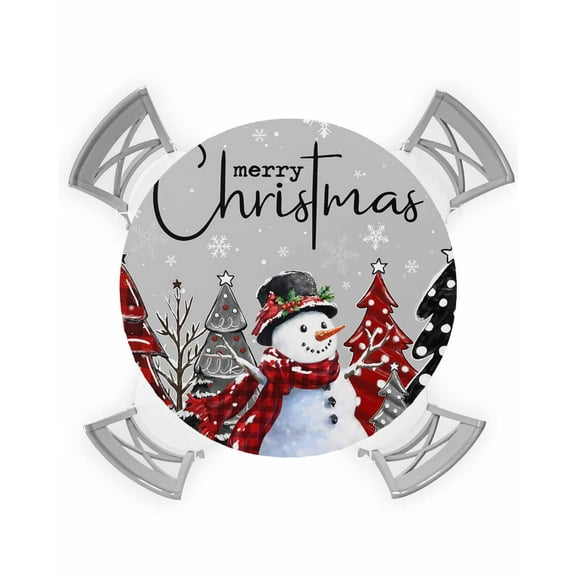 nqOlkjepod Grey Red Christmas Round Tablecloth, Fitted Table Cover with Elastic for 36"-44" Round Tables, Xmas Snowman Snowflake Tree Black Table Cloth Outdoor Dinning Party Waterproof Tablecloths