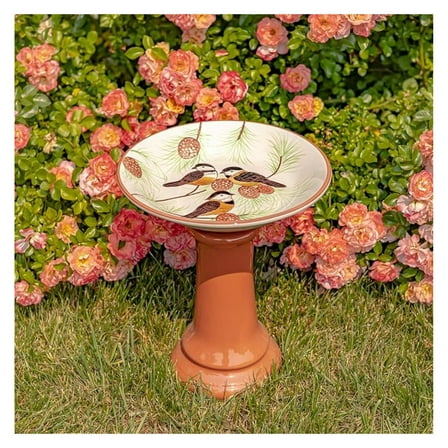 Porcelain Birdbath with Hand Painted Details (15" Tall, Finch & Pine Tree)