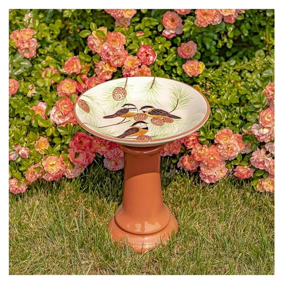 Porcelain Birdbath with Hand Painted Details (15" Tall, Finch & Pine Tree)