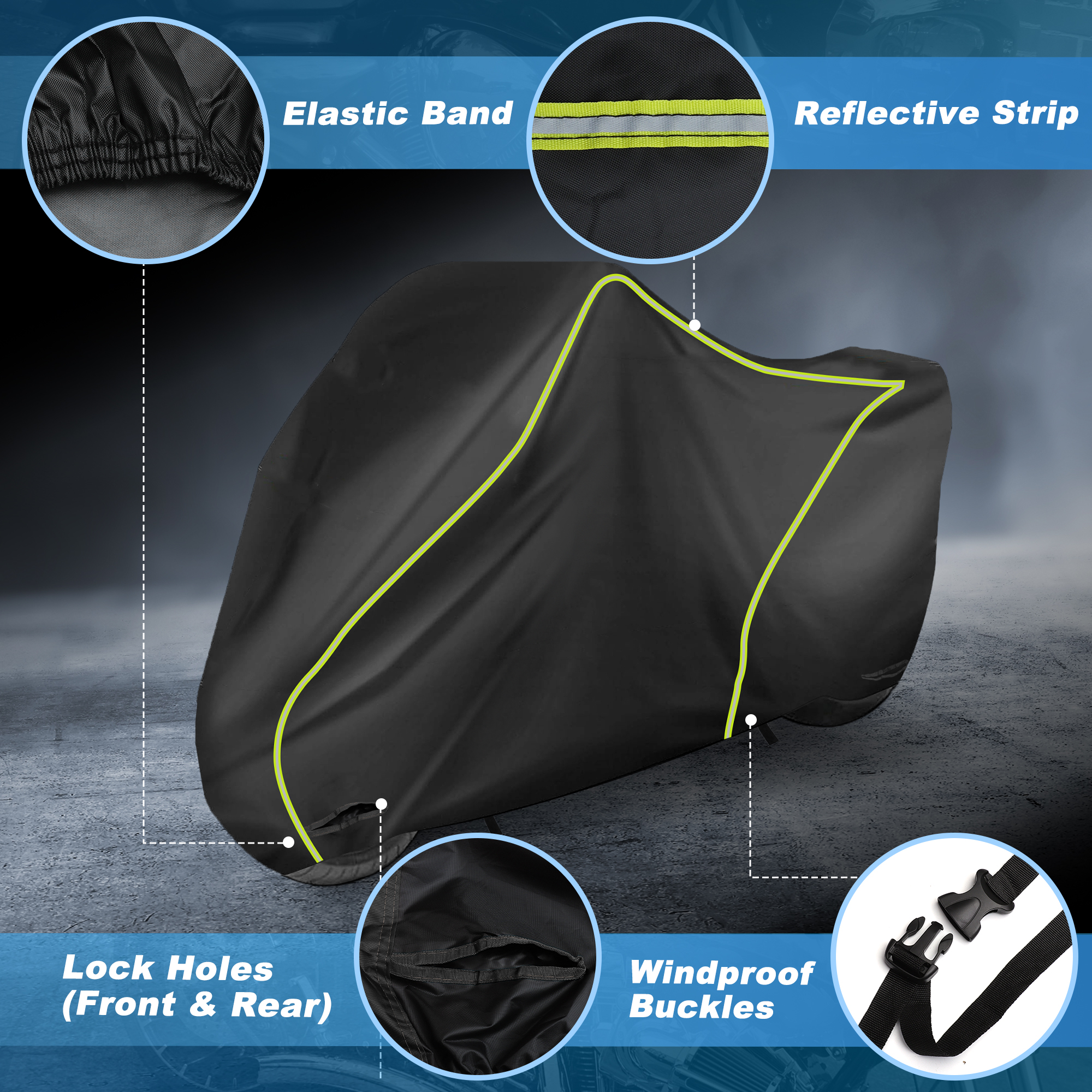 Motorcycle Cover Waterproof Outdoor 300D Oxford Heavy Fabric Scooter Cover Motorbike Cover with Lock-Hole All Weather Protection Black Fits Up to 245cm/96"