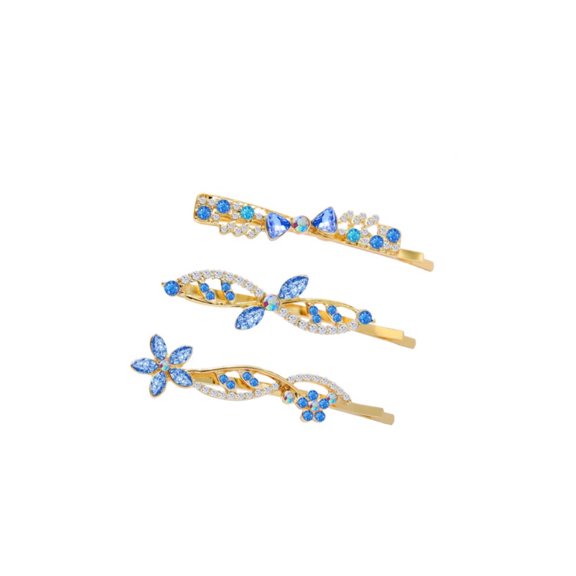 Goldtone Blue Floral Crystal Hair Pins - Set Of 3