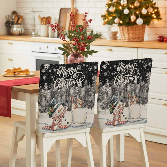 Merry Christmas Chair Covers Set of 6 Black Snowman Squirrel Pine Tree Snowflake Chair Back Covers Stretch Removable Washable Slipcovers Protector for Dining Room Kitchen Party Decor