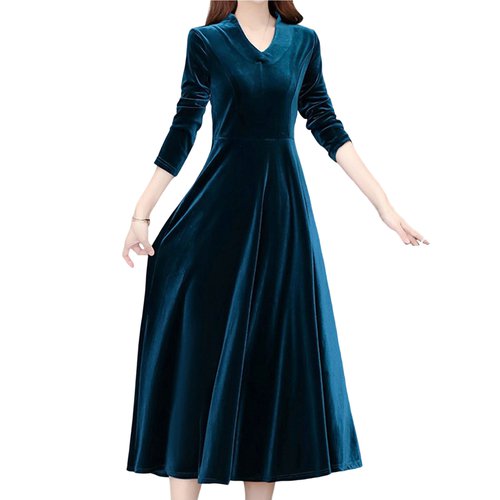 Skymirror Women Dress Solid Color Soft Long Sleeves Round Neck Big Hem Warm Mid-calf Length Plus SIze Lady Prom Dress Female Garment