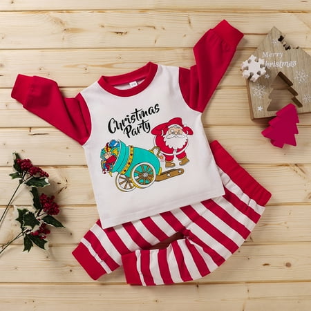 

PEONAVET Christmas Baby Clothes Baby Boy Clothes Toddler Kids Boy Girl XMAS Letter Santa Striped Print T-shirt+Pants Outfits Set
