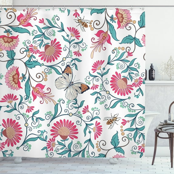 Bee Shower Curtain, Vintage Floral Style Pattern with Insects and Butterflies Figures in Wildlife Nature, Fabric Bathroom Set with Hooks, 69W X 84L Inches Extra Long, Multicolor, by Ambesonne