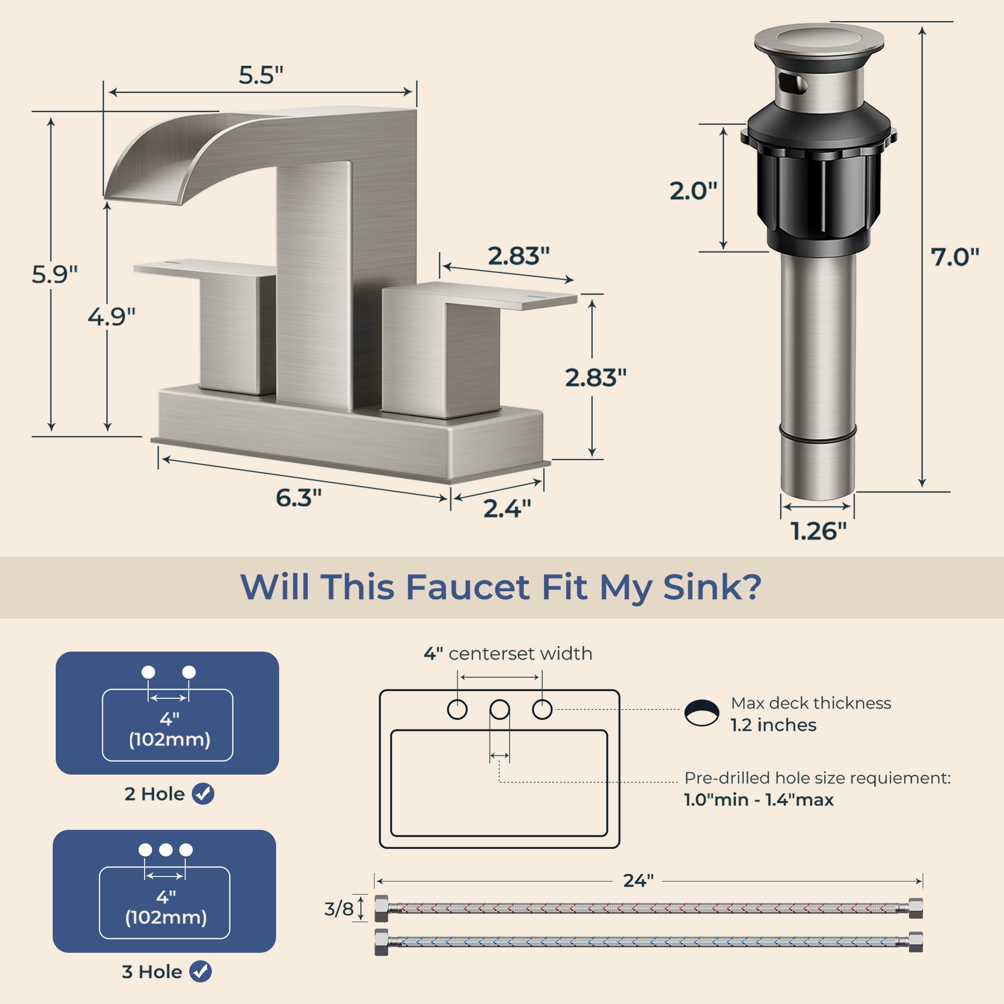 TVOFEK 4 inch Waterfall Bathroom Faucet 3 or 2 Hole, Brushed Nickel Centerset Sink Faucets with Metal Pop-up Drain for Vanity Lavatory Basin RV
