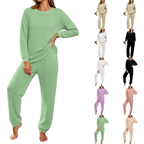 Crew Neck Lounge Sets for Women Zaewscy Women's Solid Color Set Women's Round Neck Long Sleeved Upper Loose And Comfortable Two-piece Casual Sportswear Set Green M