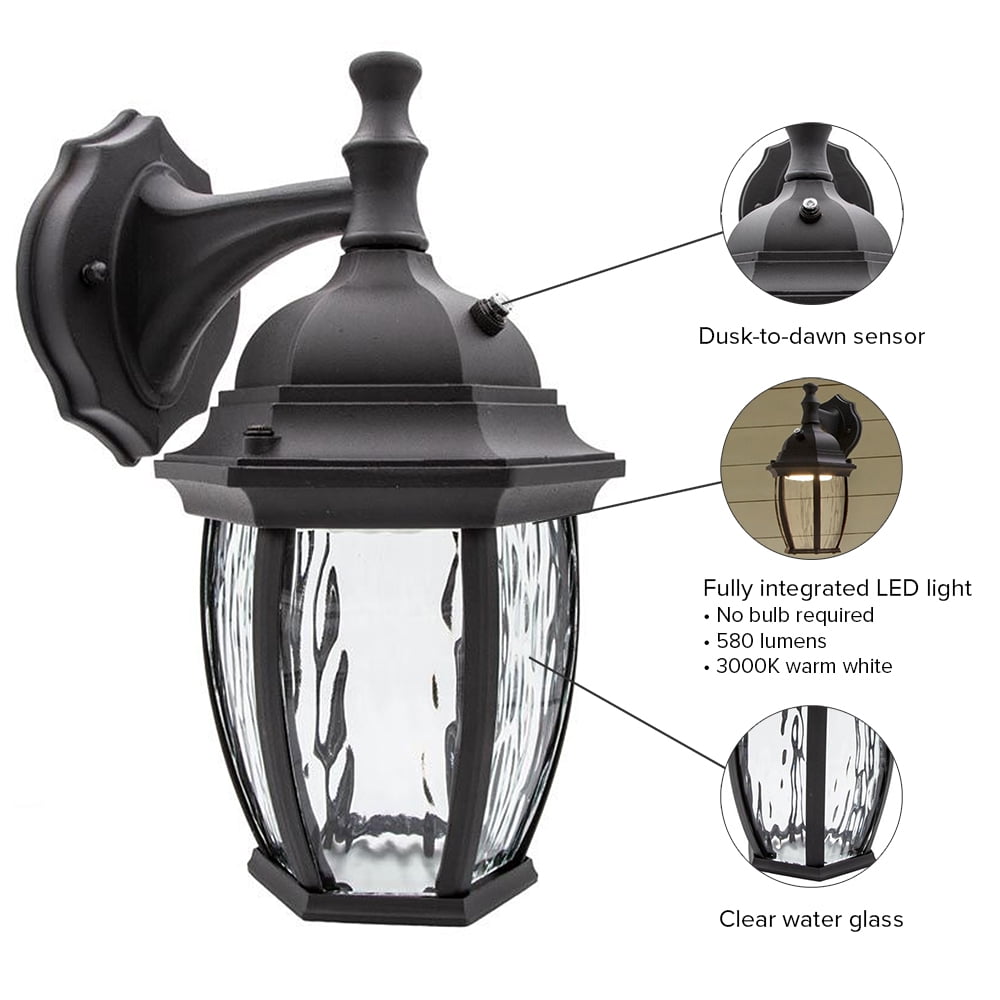 Maxxima LED Outdoor Wall Light, Black w/ Clear Water Glass, Photocell Sensor, 580 Lumens
