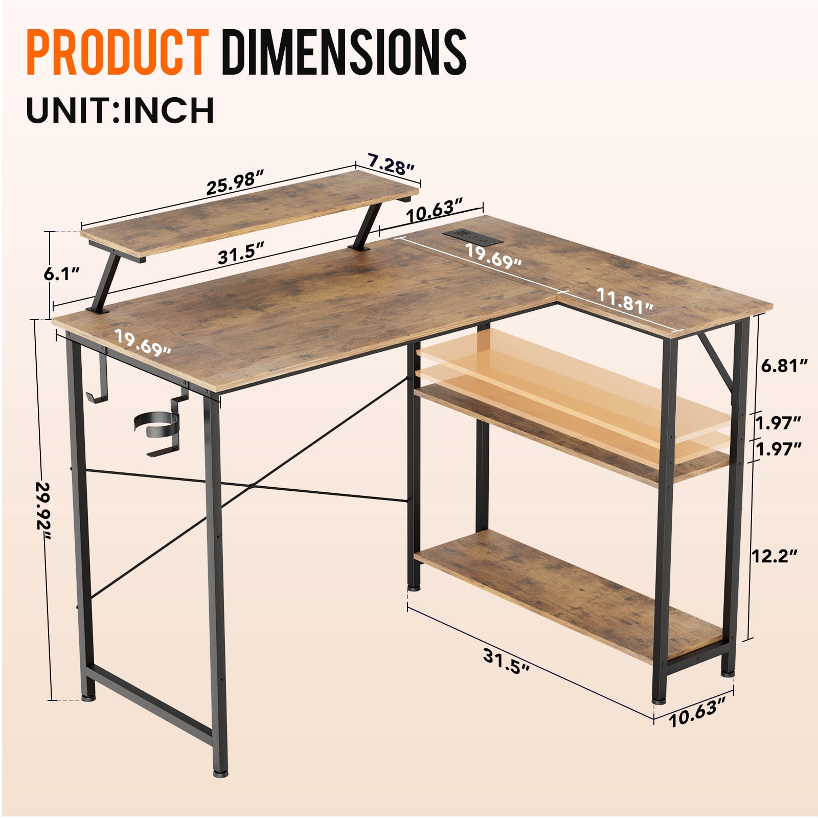 CLOUDREST PTO 42" L-Shaped Office Desk with Power Outlets & RGB LEDs, Brown